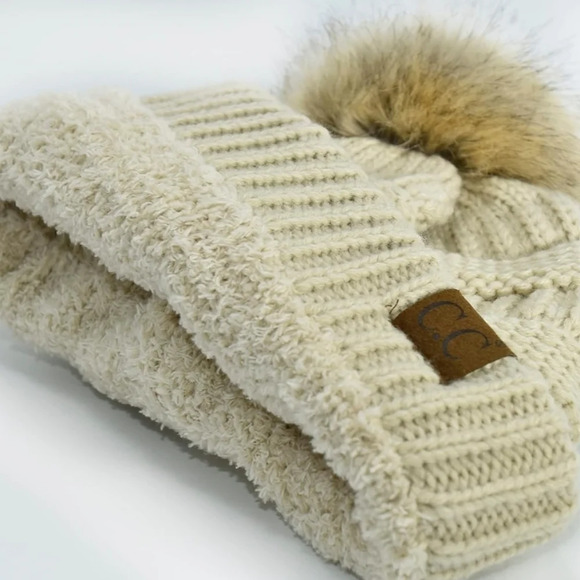 C.C Fuzzy Sherpa Fleece Lined Warm Soft Stretch Cable Knit Ribbed Beanie Beige - Picture 4 of 5